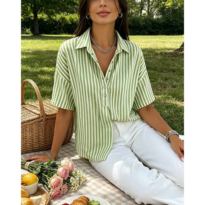 Women’s Linen Blend Striped V-Neck Short-Sleeve Shirt
