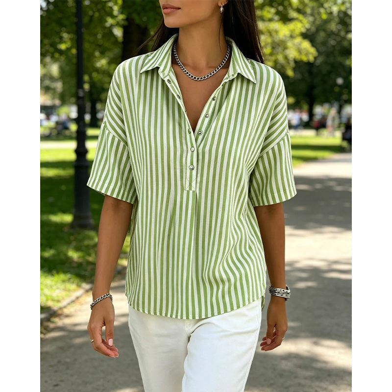 Women’s Linen Blend Striped V-Neck Short-Sleeve Shirt