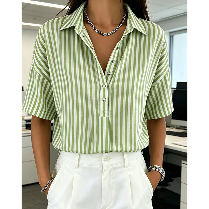 Women’s Linen Blend Striped V-Neck Short-Sleeve Shirt