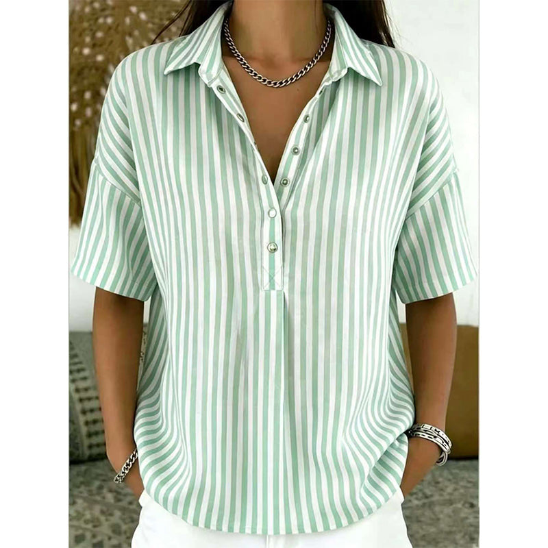 Women’s Linen Blend Striped V-Neck Short-Sleeve Shirt
