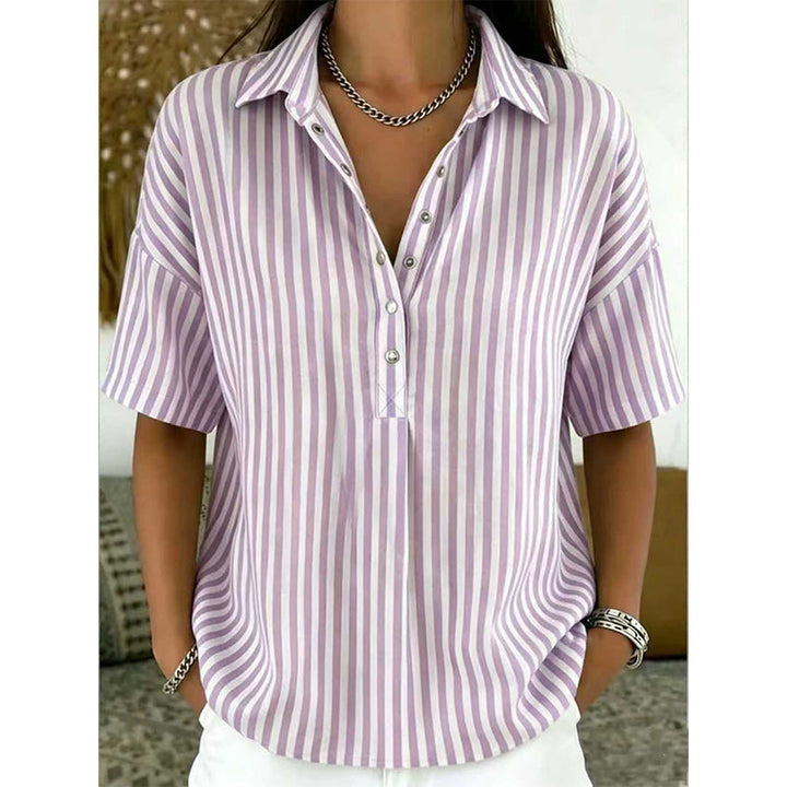 Women’s Linen Blend Striped V-Neck Short-Sleeve Shirt