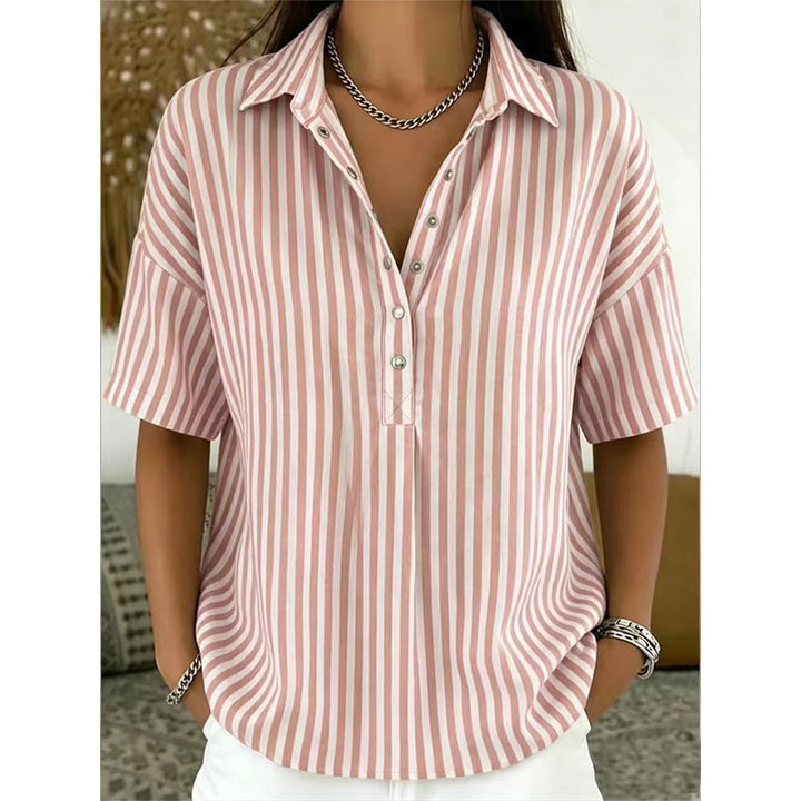 Women’s Linen Blend Striped V-Neck Short-Sleeve Shirt