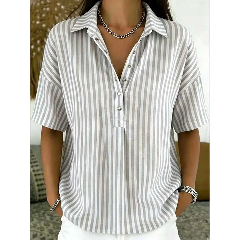 Women’s Linen Blend Striped V-Neck Short-Sleeve Shirt