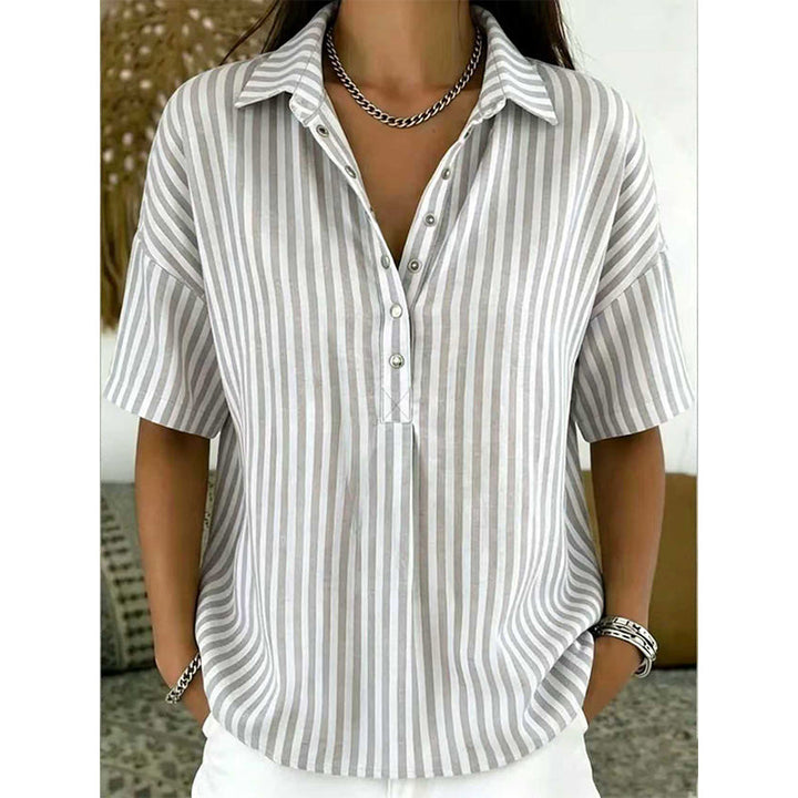 Women’s Linen Blend Striped V-Neck Short-Sleeve Shirt