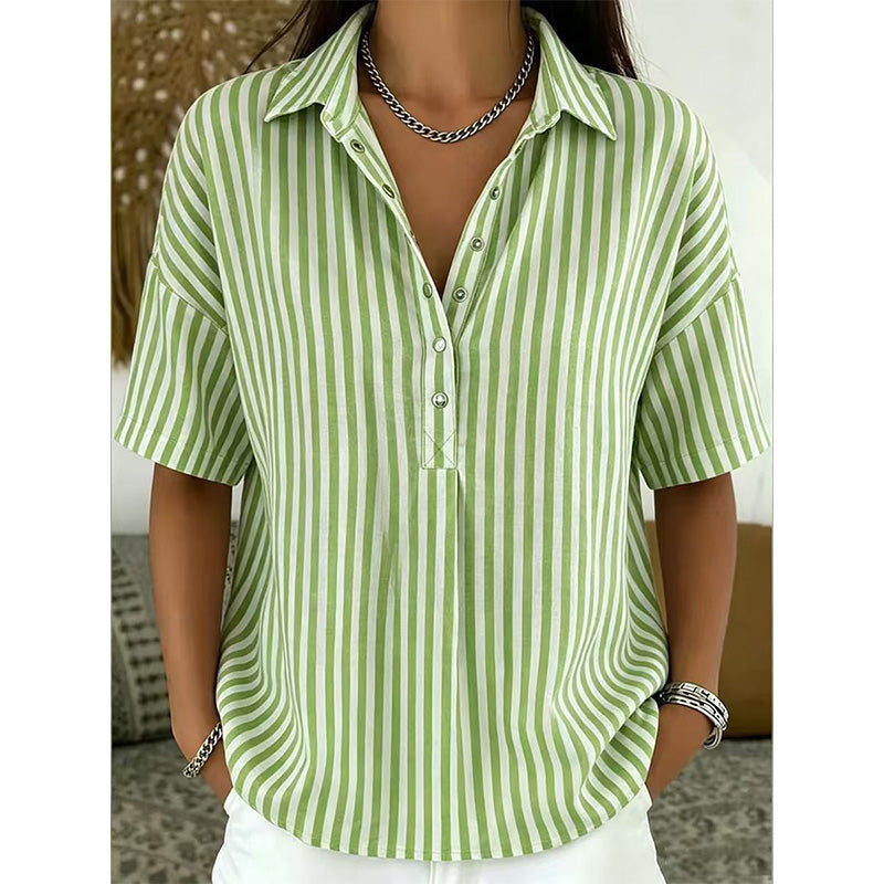 Women’s Linen Blend Striped V-Neck Short-Sleeve Shirt