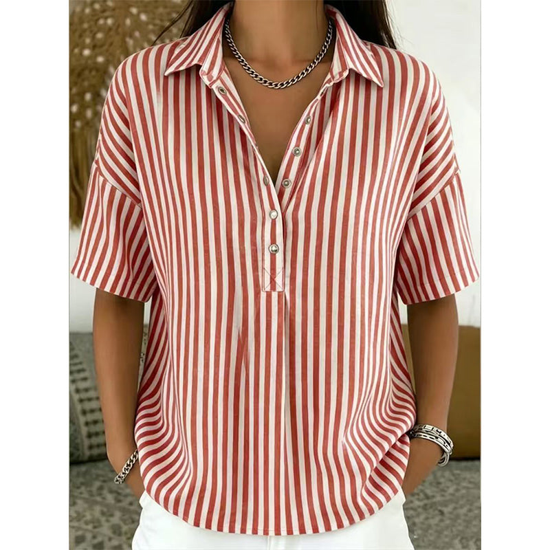 Women’s Linen Blend Striped V-Neck Short-Sleeve Shirt