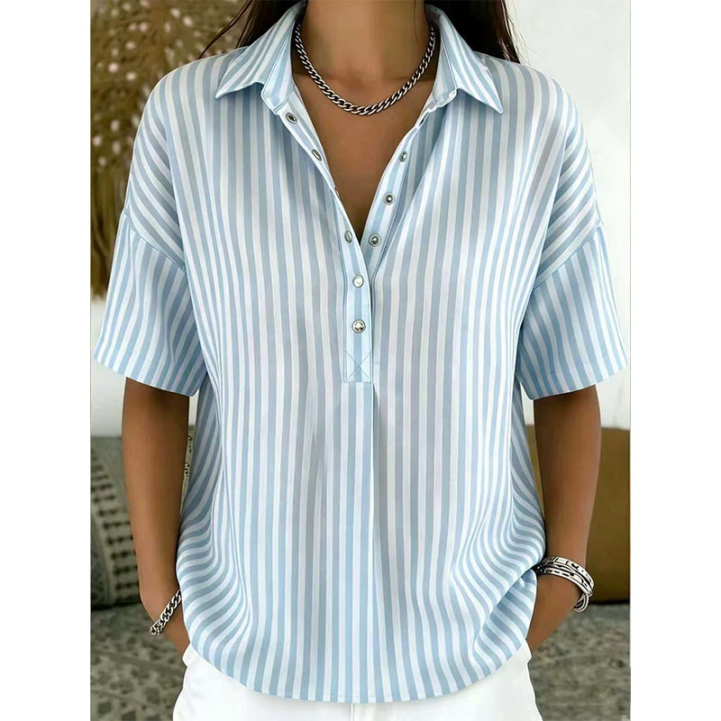 Women’s Linen Blend Striped V-Neck Short-Sleeve Shirt