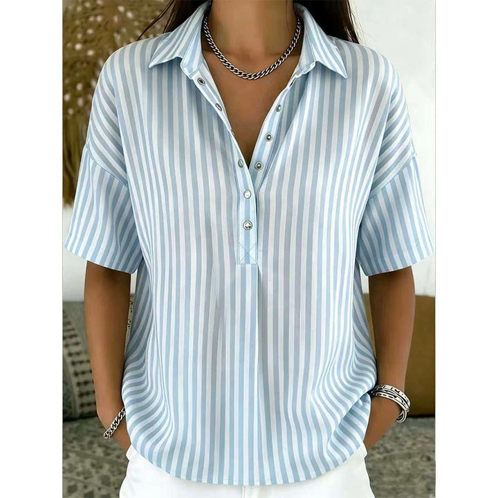 Women’s Linen Blend Striped V-Neck Short-Sleeve Shirt