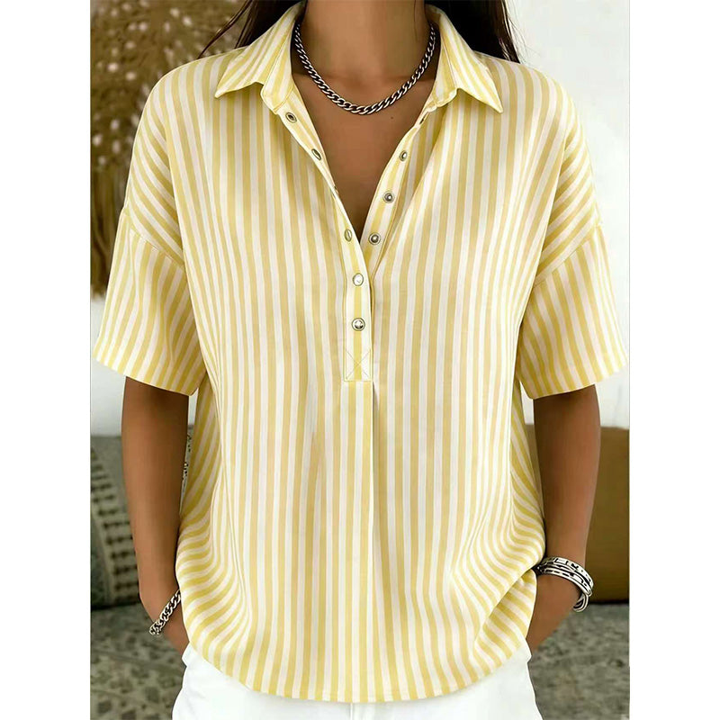 Women’s Linen Blend Striped V-Neck Short-Sleeve Shirt