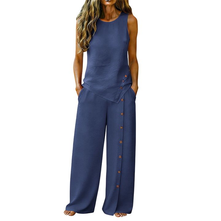 Ensemble coordonné pour femmes composé d’un haut sans manches en lin et d’un pantalon à jambes larges