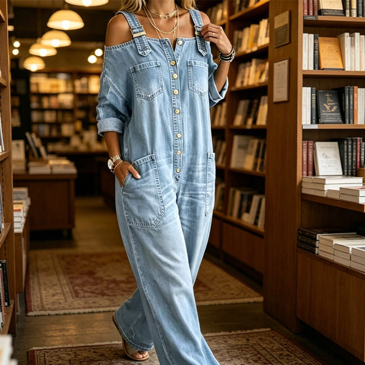 Women's Denim Wide Leg Off Shoulder Romper Jeans Jumpsuit