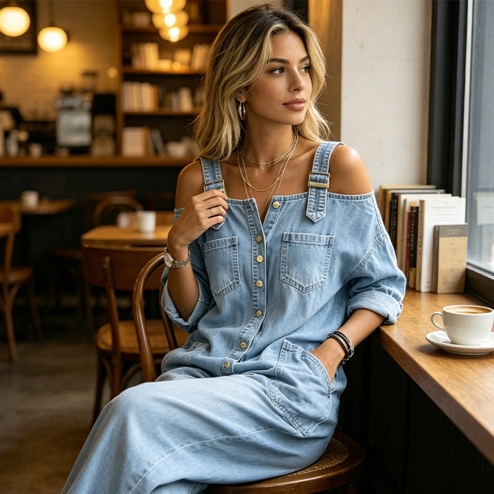 Women's Denim Wide Leg Off Shoulder Romper Jeans Jumpsuit