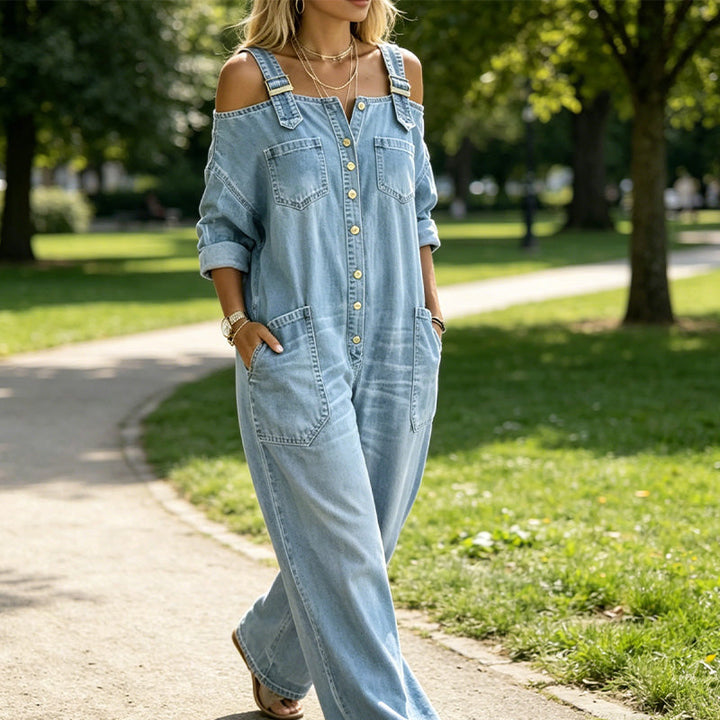 Women's Denim Wide Leg Off Shoulder Romper Jeans Jumpsuit