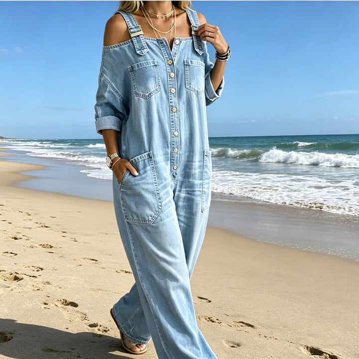 Women's Denim Wide Leg Off Shoulder Romper Jeans Jumpsuit