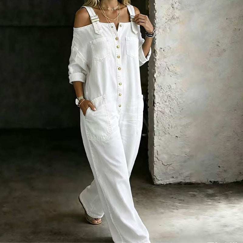 Women's Denim Wide Leg Off Shoulder Romper Jeans Jumpsuit