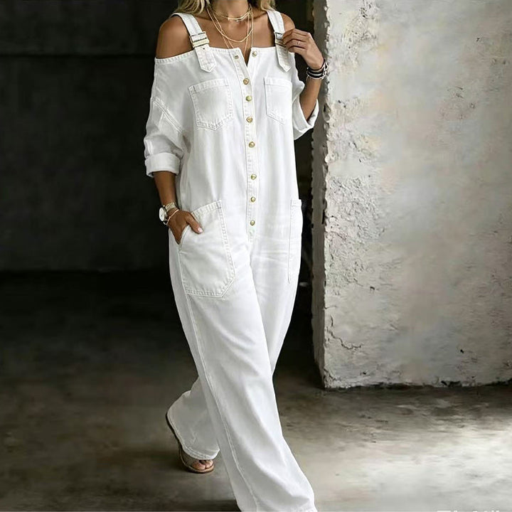 Women's Denim Wide Leg Off Shoulder Romper Jeans Jumpsuit