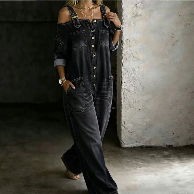 Women's Denim Wide Leg Off Shoulder Romper Jeans Jumpsuit