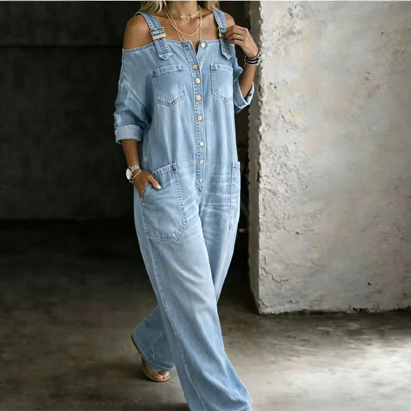Women's Denim Wide Leg Off Shoulder Romper Jeans Jumpsuit