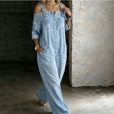 Women's Denim Wide Leg Off Shoulder Romper Jeans Jumpsuit