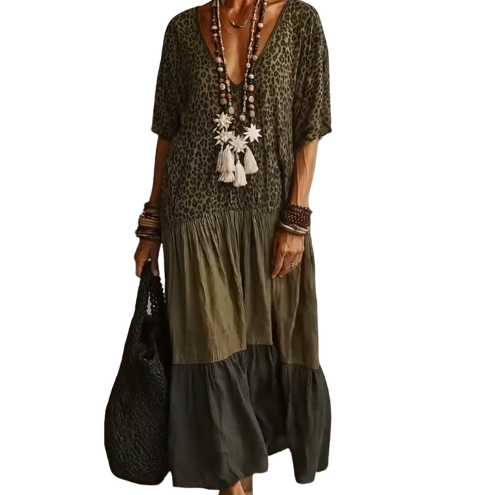 Women's Linen Blend V Neck Boho Tiered Midi Dress