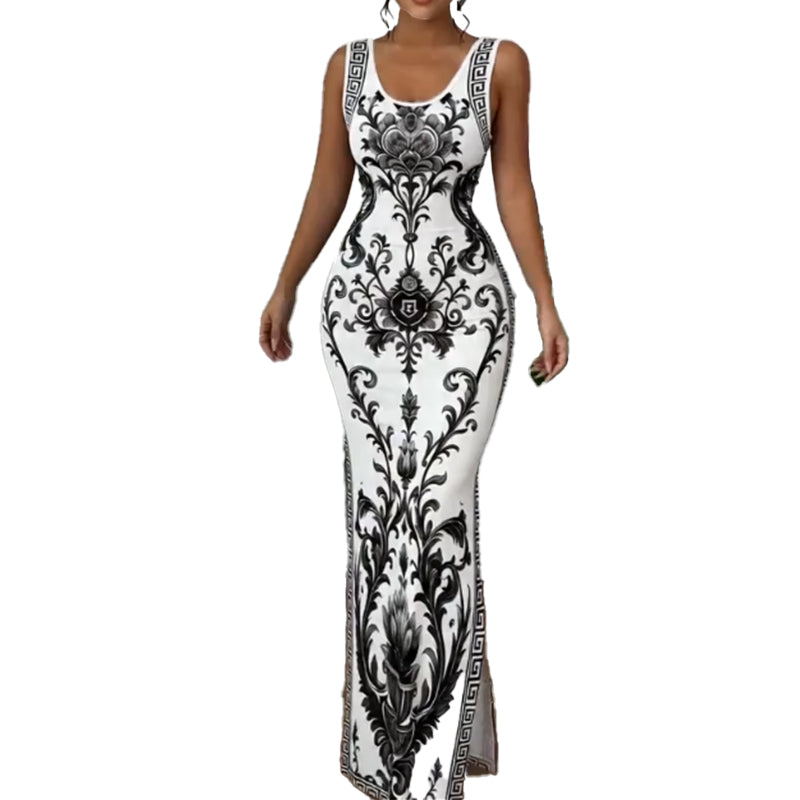 Women's Linen Blend Print High Slit Backless Maxi Dress