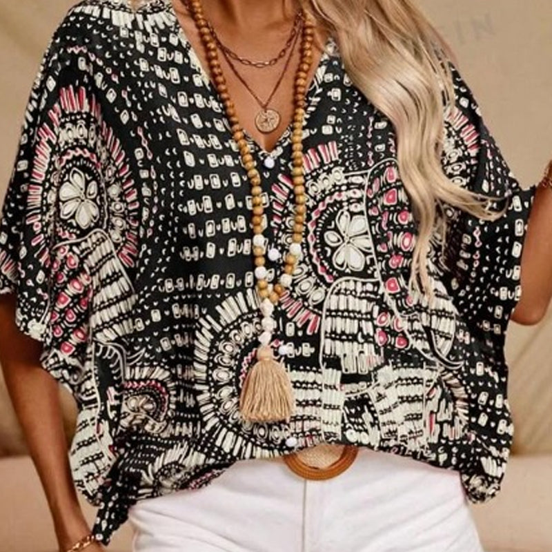 Dámská lněná boho halenka s výstřihem do V, ležérní košile a top
