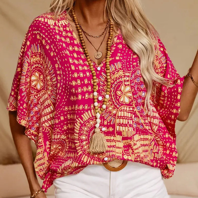 Dámská lněná boho halenka s výstřihem do V, ležérní košile a top