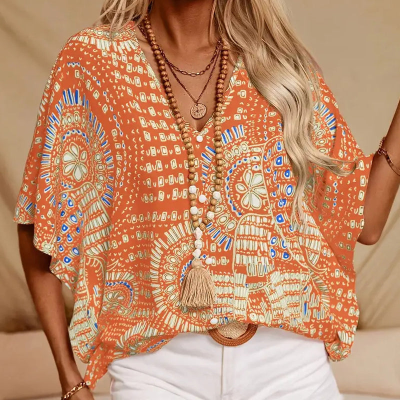 Dámská lněná boho halenka s výstřihem do V, ležérní košile a top