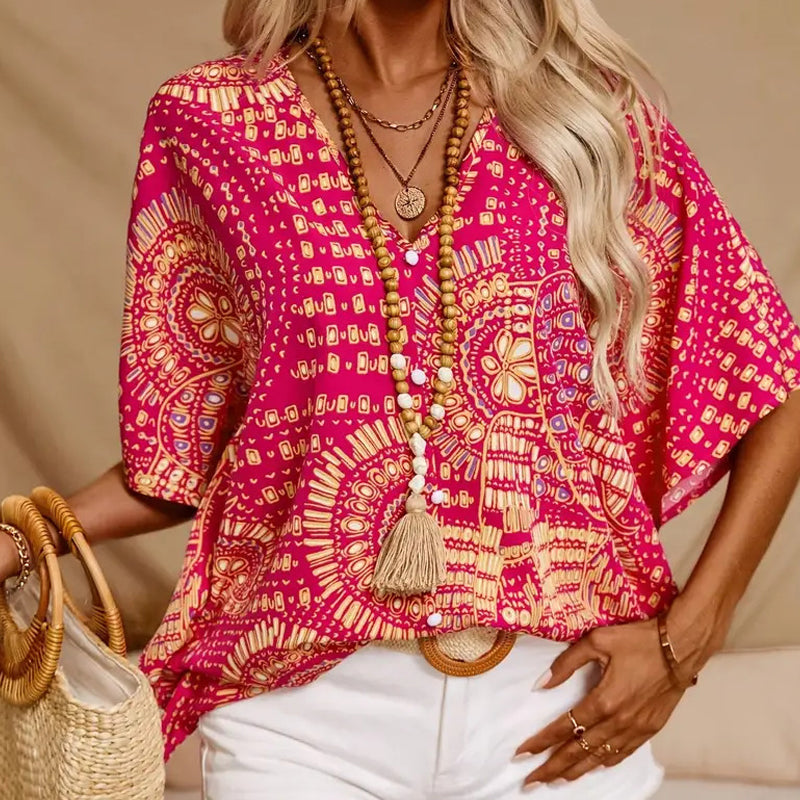 Dámská lněná boho halenka s výstřihem do V, ležérní košile a top