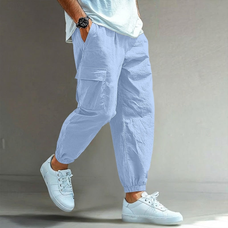 Men's Linen Blend Cargo Joggers Casual Athletic Tracksuit Pants