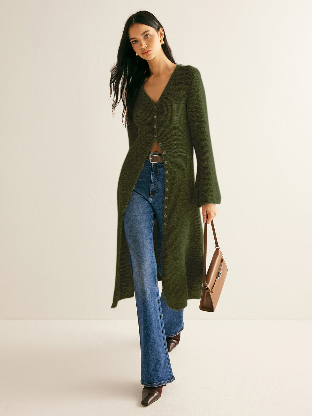 Women's Long Knit Cardigan Wool Blend Button Up Outerwear