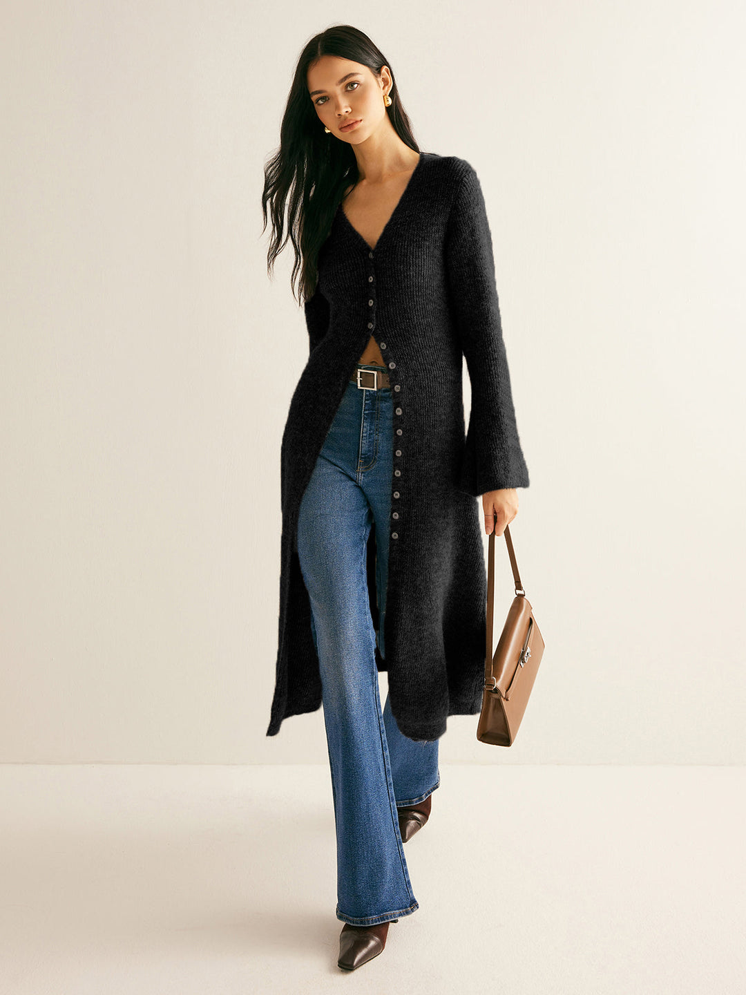 Women's Long Knit Cardigan Wool Blend Button Up Outerwear