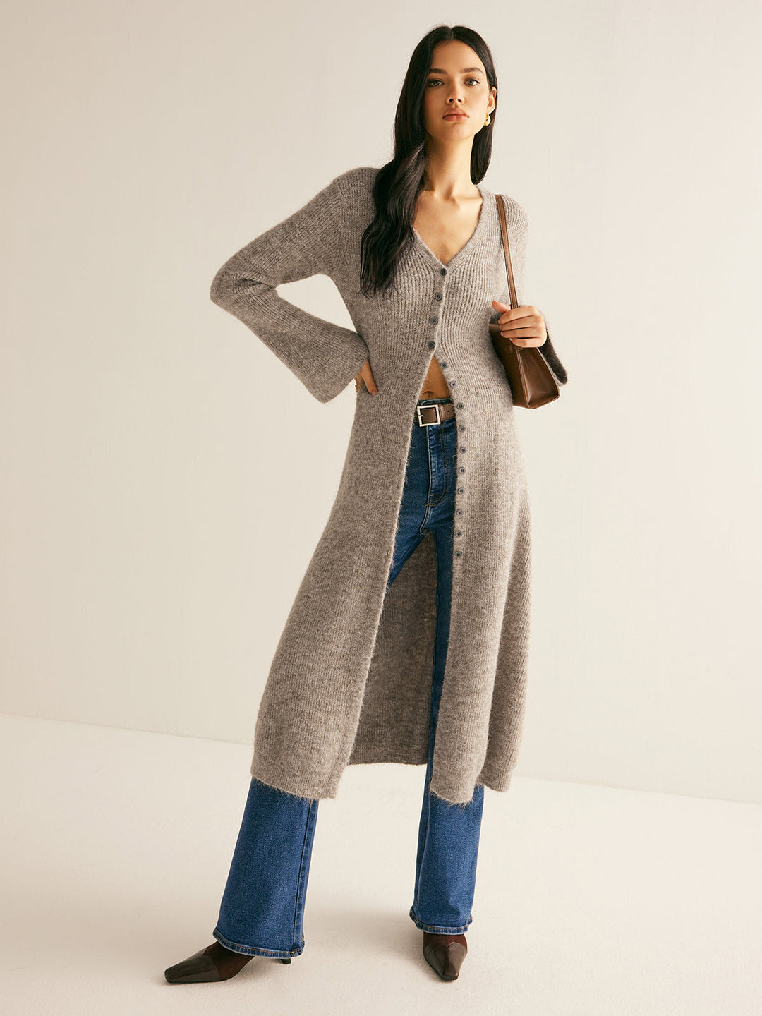 Women's Long Knit Cardigan Wool Blend Button Up Outerwear