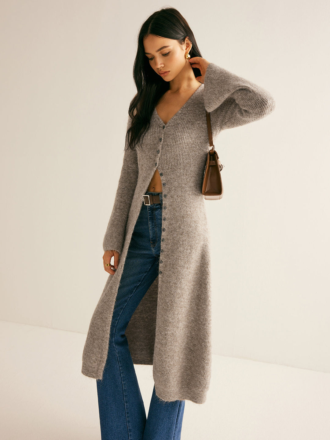 Women's Long Knit Cardigan Wool Blend Button Up Outerwear