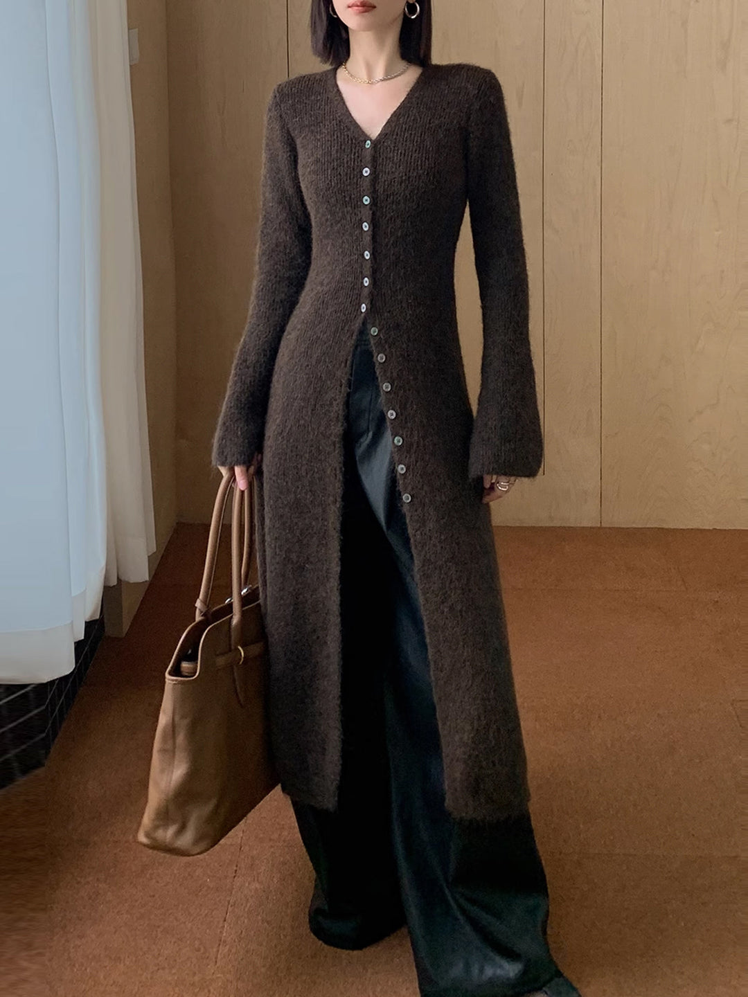 Women's Long Knit Cardigan Wool Blend Button Up Outerwear