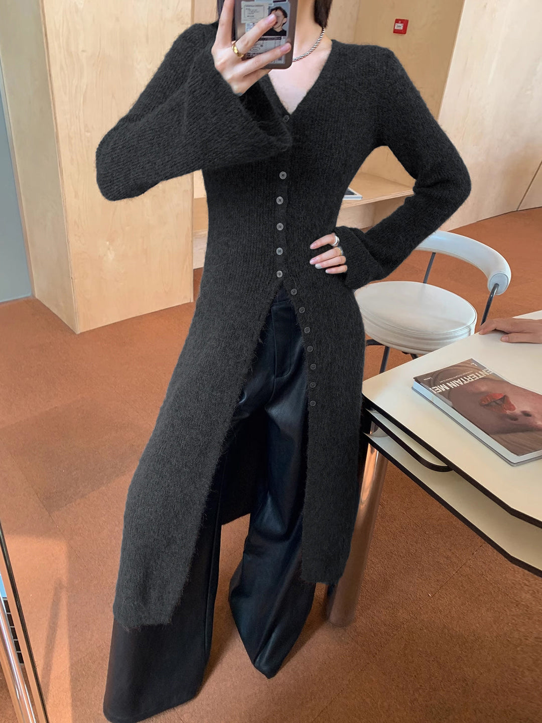 Women's Long Knit Cardigan Wool Blend Button Up Outerwear