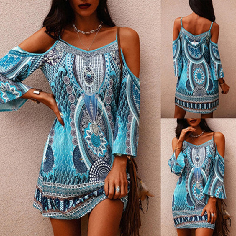 Women's Linen Tribal Print Off Shoulder Mini Dress