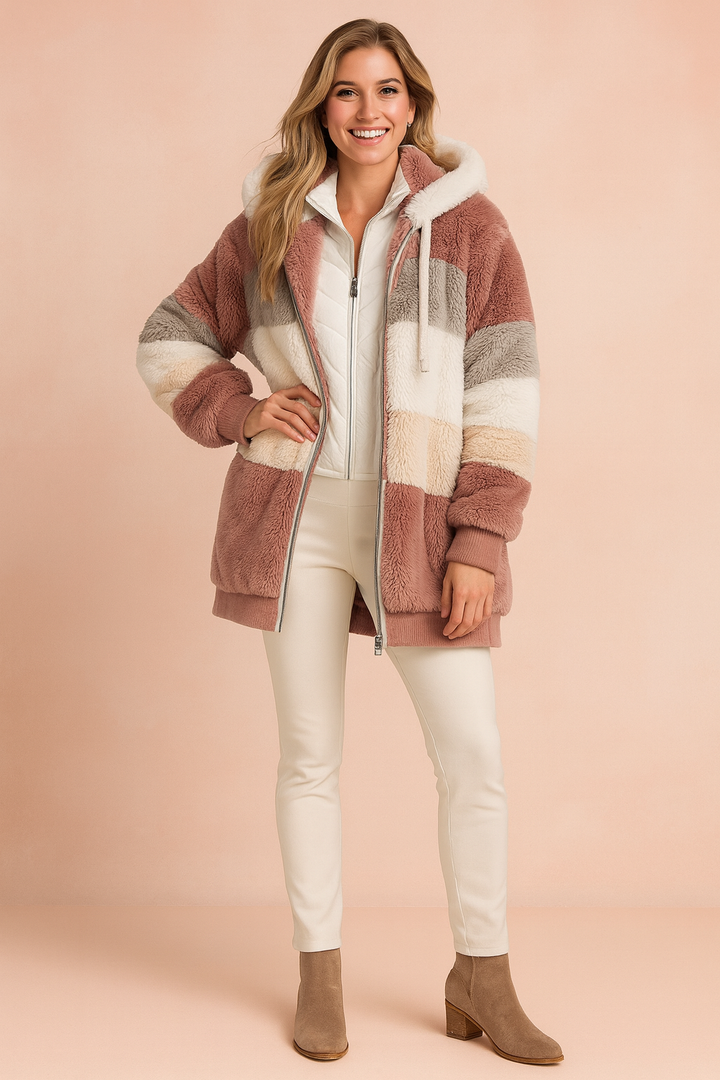 Women's Wool Blend Colorblock Striped Fluffy Hooded Jacket