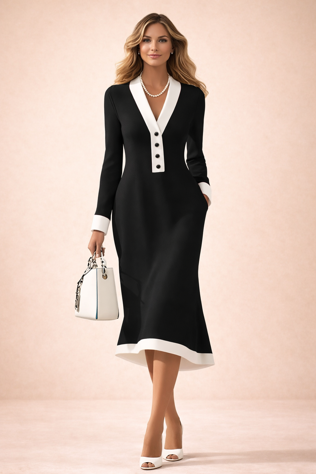 Women's V-Neck Long-Sleeve Knitted Midi Dress