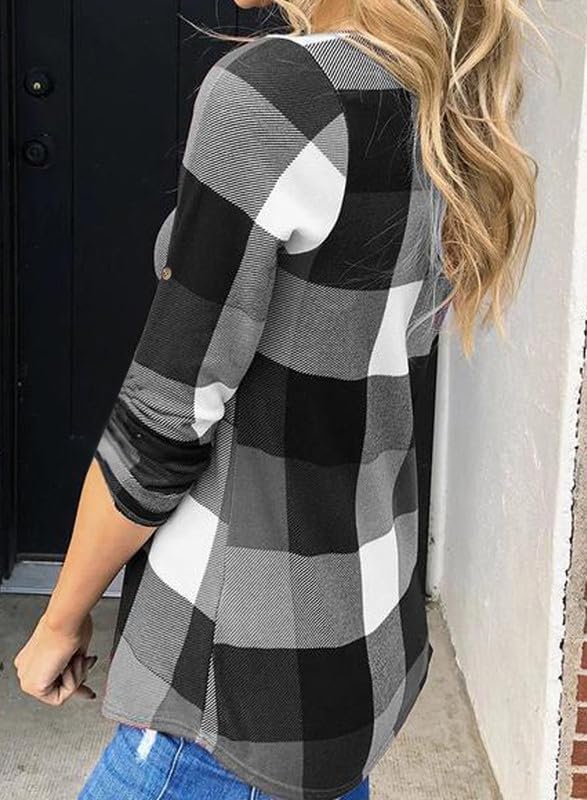 Női lenvászon, kockás, hosszú ujjú, V-nyakú flanelblúz