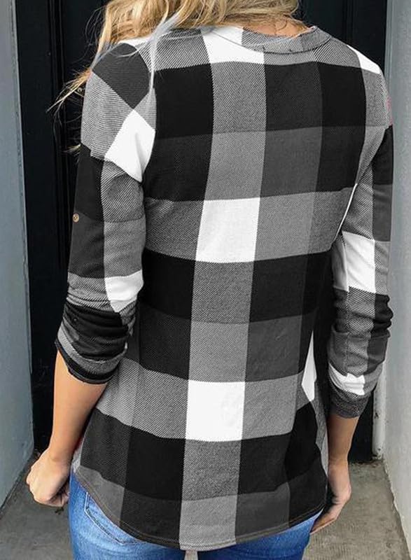 Női lenvászon, kockás, hosszú ujjú, V-nyakú flanelblúz