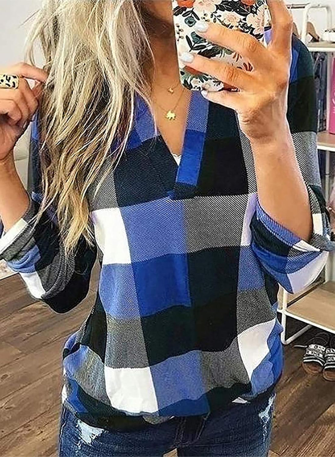 Női lenvászon, kockás, hosszú ujjú, V-nyakú flanelblúz