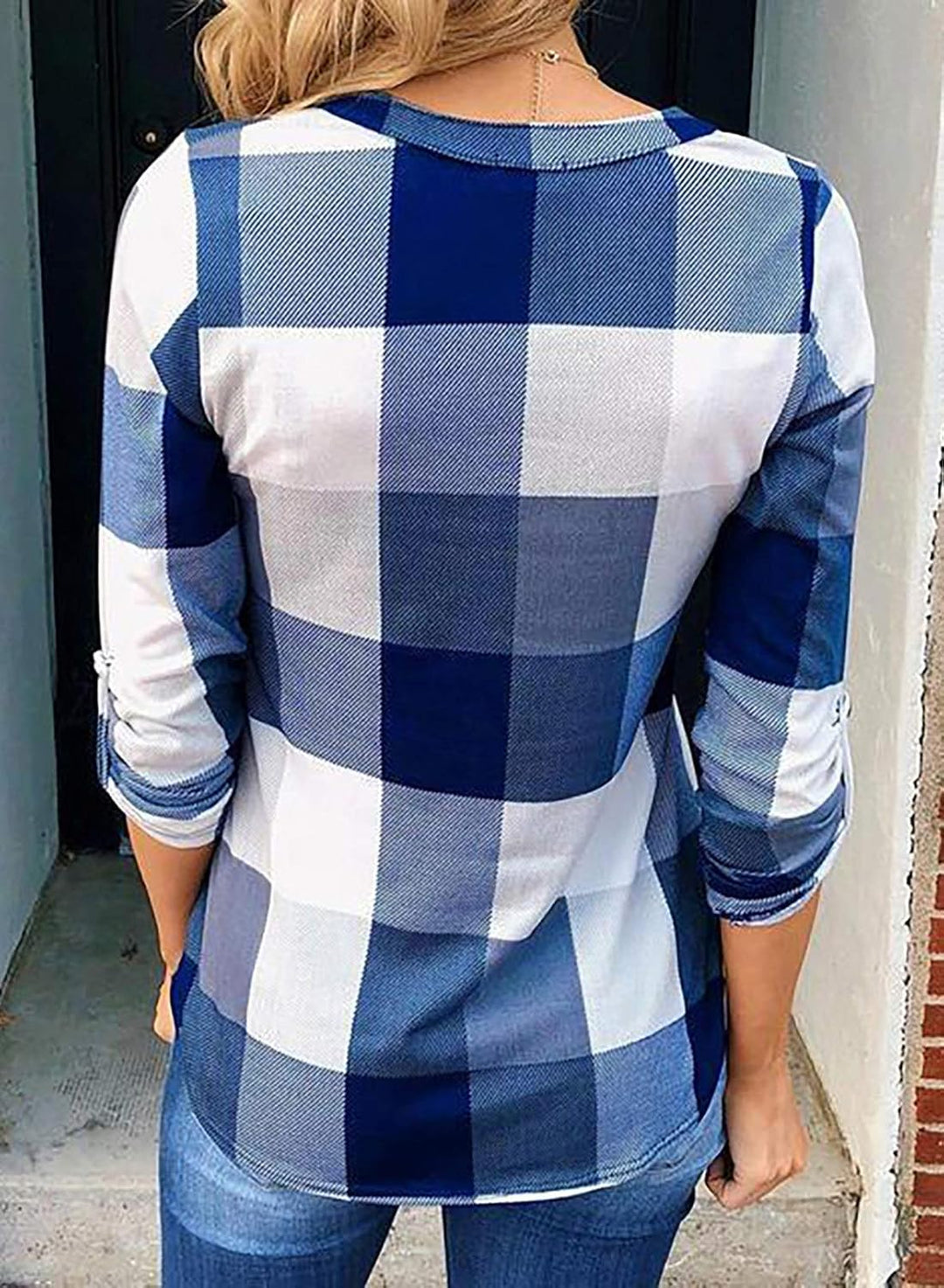 Női lenvászon, kockás, hosszú ujjú, V-nyakú flanelblúz