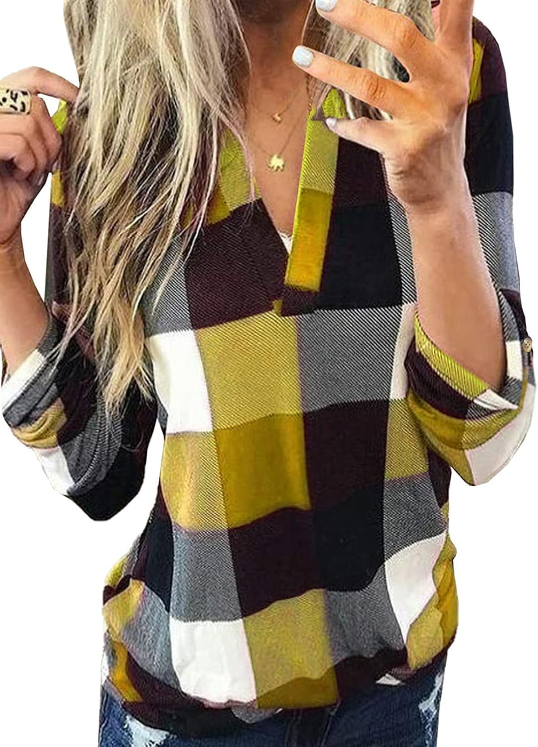 Női lenvászon, kockás, hosszú ujjú, V-nyakú flanelblúz