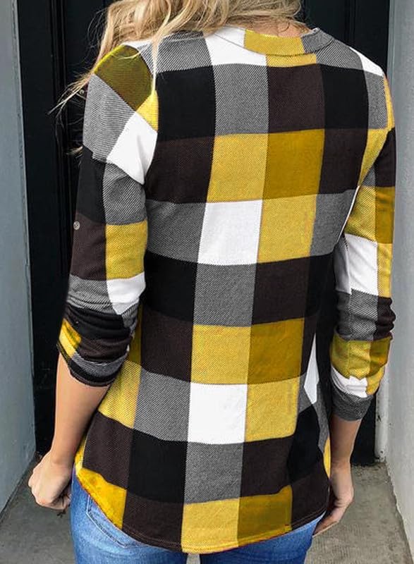 Női lenvászon, kockás, hosszú ujjú, V-nyakú flanelblúz