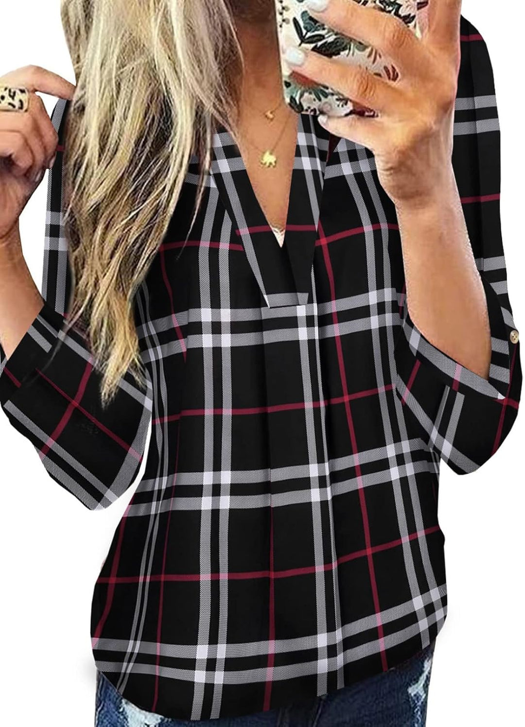 Női lenvászon, kockás, hosszú ujjú, V-nyakú flanelblúz
