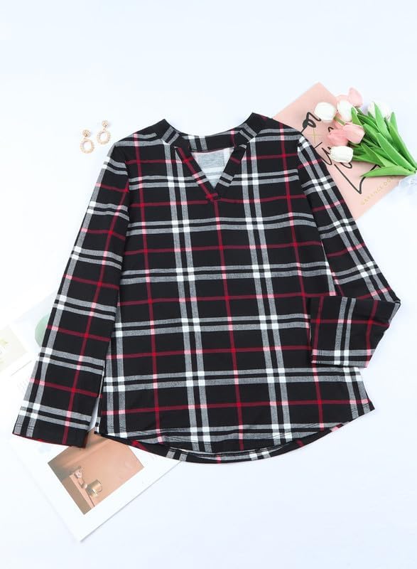 Női lenvászon, kockás, hosszú ujjú, V-nyakú flanelblúz