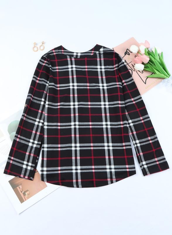 Női lenvászon, kockás, hosszú ujjú, V-nyakú flanelblúz