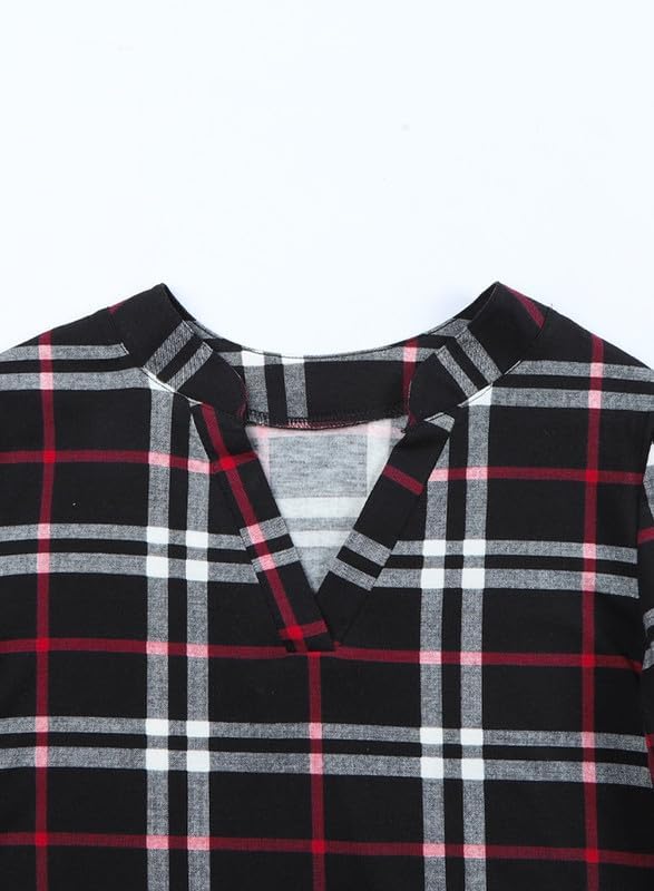 Női lenvászon, kockás, hosszú ujjú, V-nyakú flanelblúz