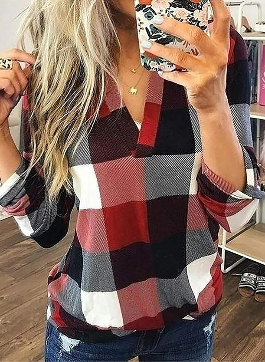 Női lenvászon, kockás, hosszú ujjú, V-nyakú flanelblúz